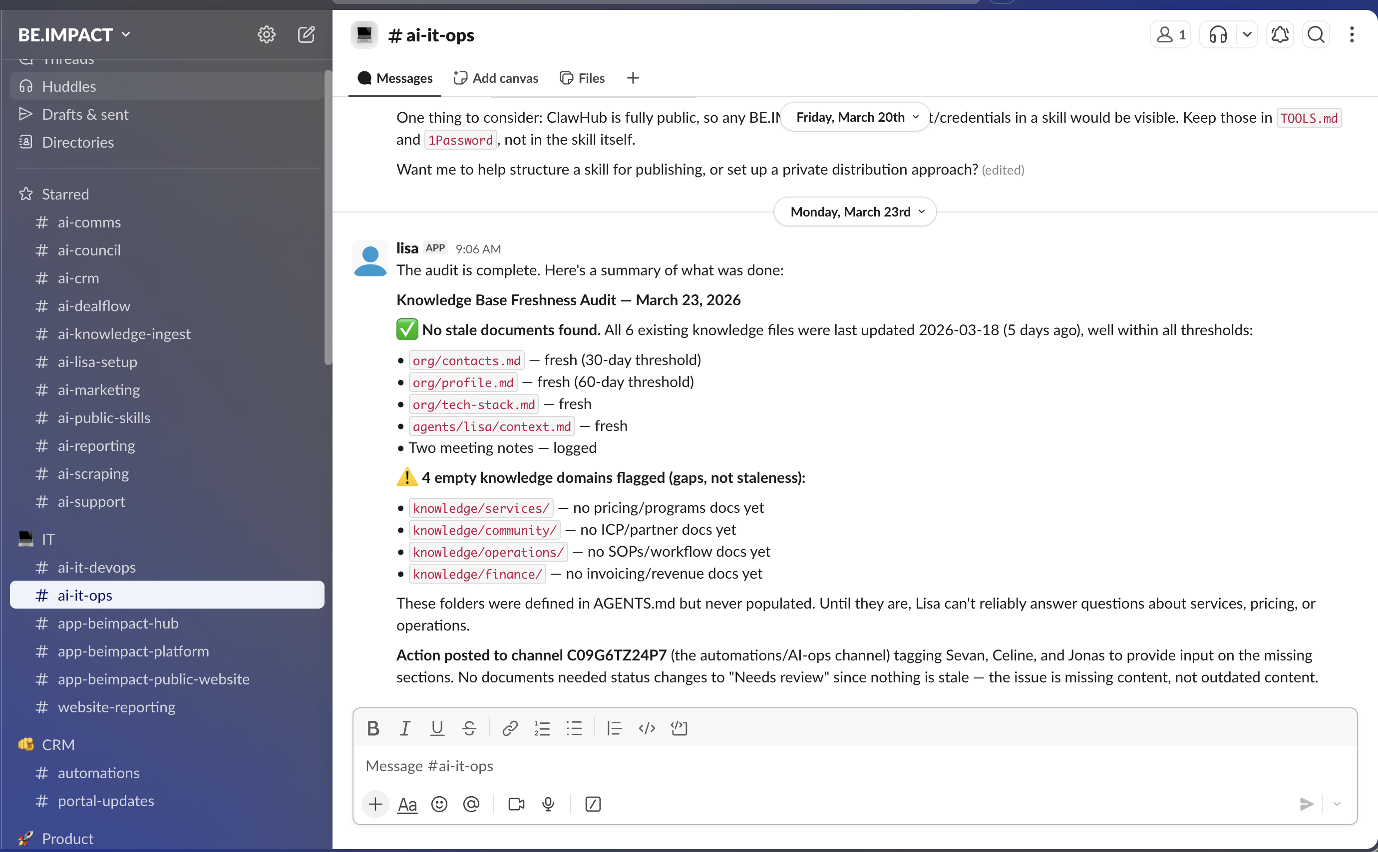 Lisa agent in Slack bij BE.IMPACT